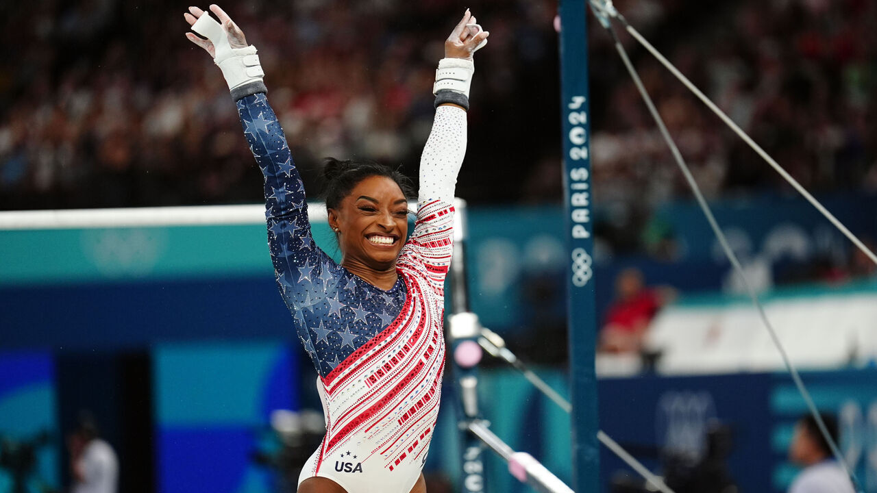 USA's Simone Biles during the artistic gymnastics, women's team final, at Bercy Arena on the fourth day of the 2024 Paris Olympic Games in France. Picture date: Tuesday July 30, 2024.