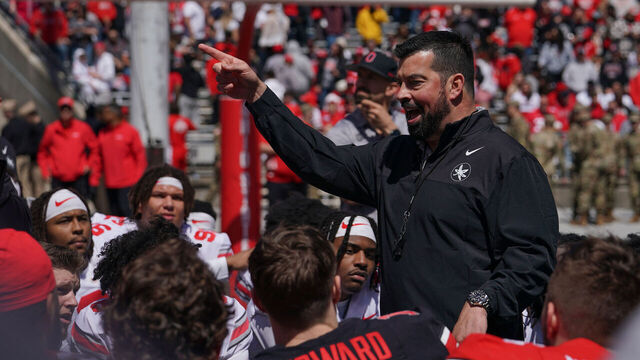 COLUMBUS, OH - APRIL 13: Ohio State Buckeyes head coach Ryan Day addresses his team after the Ohio State Spring Game at Ohio Stadium in Columbus, Ohio on April 13, 2024.