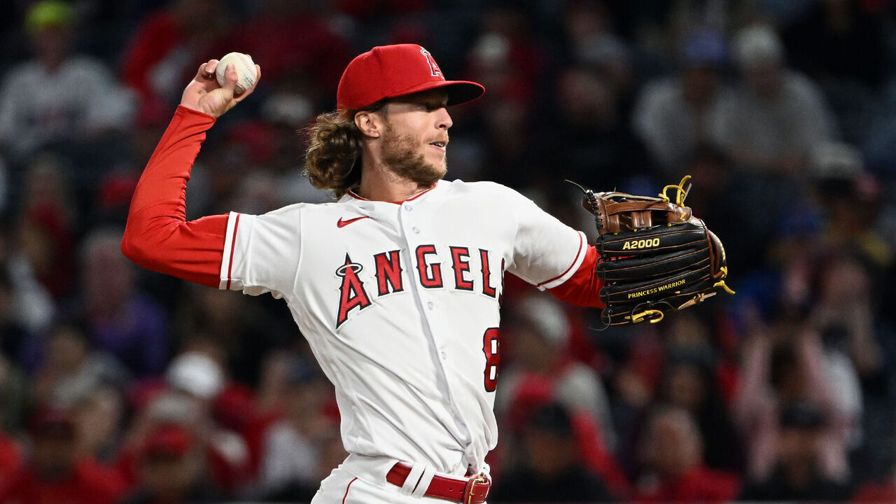 ANAHEIM, CA - MAY 06: Los Angeles Angels outfielder Brett Phillips (8) pitching during the ninth inning of an MLB baseball game against the Texas Rangers played on May 6, 2023 at Angel Stadium in Anaheim, CA.