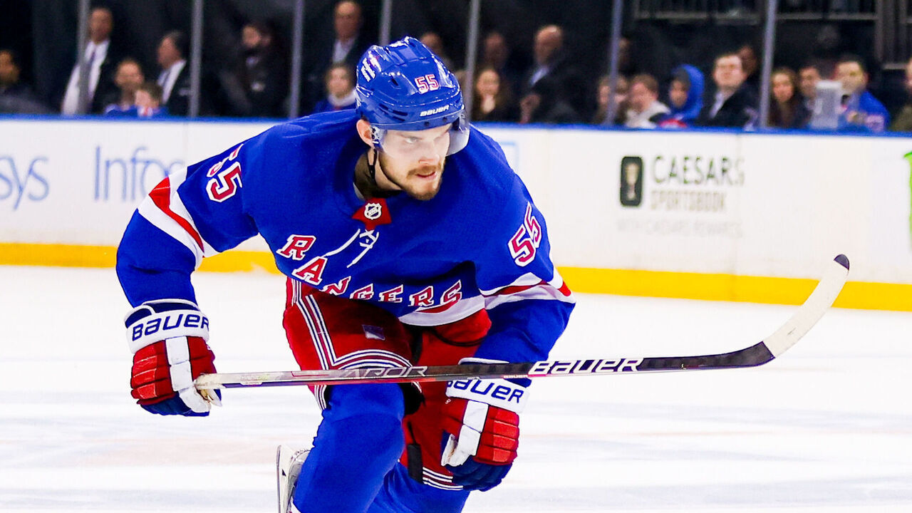 NEW YORK, NY - APRIL 11: New York Rangers Defenseman Ryan Lindgren (55) in action during the third period of the National Hockey League game between the Philadelphia Flyers and the New York Rangers on April 11, 2024 at Madison Square Garden in New York, NY.