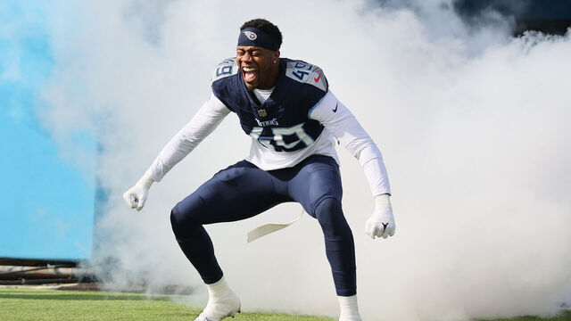 NASHVILLE, TENNESSEE - DECEMBER 24: Arden Key #49 of the Tennessee Titans is introduced before the game against the Seattle Seahawks at Nissan Stadium on December 24, 2023 in Nashville, Tennessee.