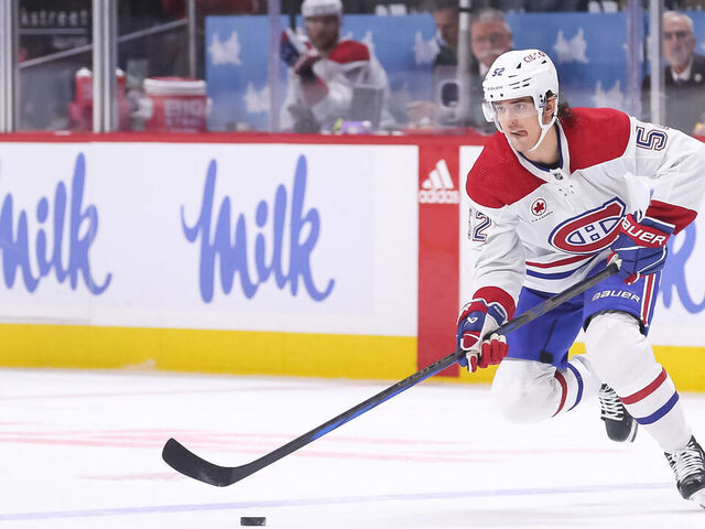 OTTAWA, CANADA - APRIL 13: Justin Barron #52 of the Montreal Canadiens skates against the Ottawa Senators at Canadian Tire Centre on April 13, 2024 in Ottawa, Ontario, Canada.