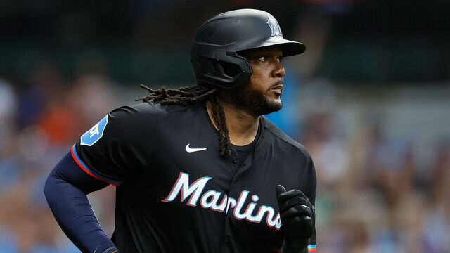 MILWAUKEE, WISCONSIN - JULY 27: Josh Bell #9 of the Miami Marlins hits a three run homer in the seventh inning against the Milwaukee Brewers at American Family Field on July 27, 2024 in Milwaukee, Wisconsin.
