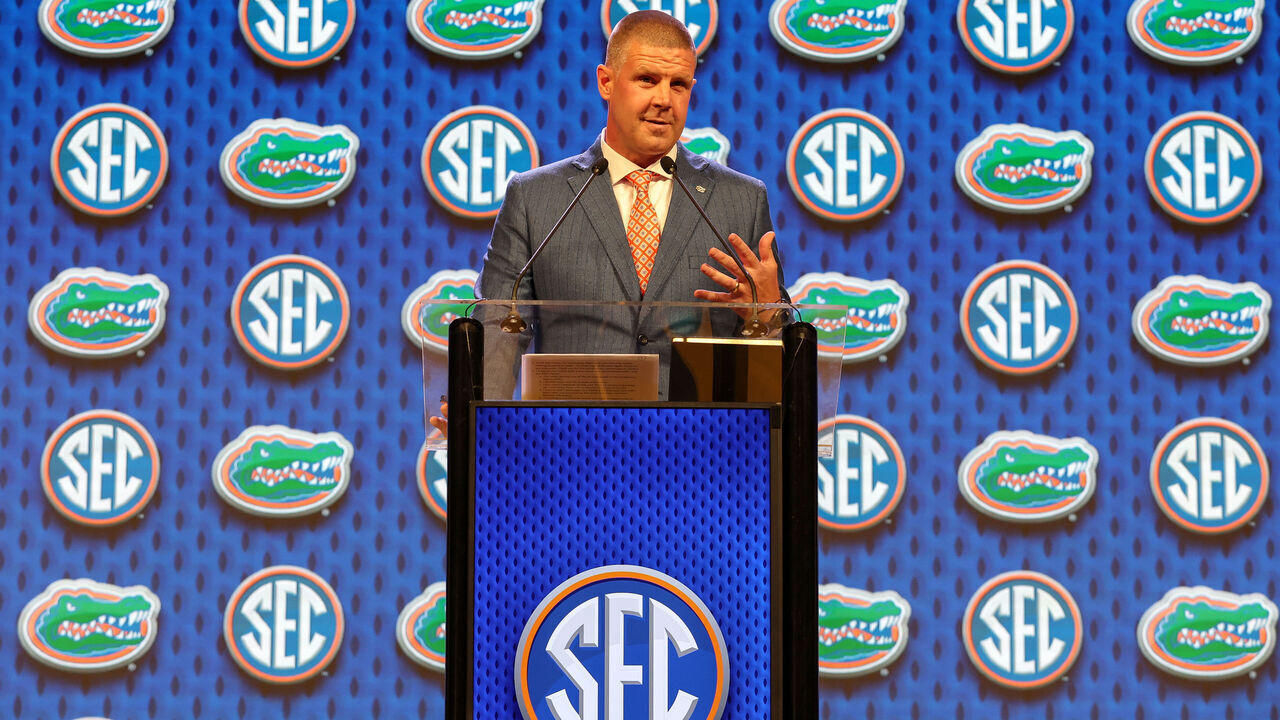 DALLAS, TEXAS - JULY 17: Head coach Billy Napier of the Florida Gators speaks during SEC Football Media Days at Omni Dallas Hotel on July 17, 2024 in Dallas, Texas.