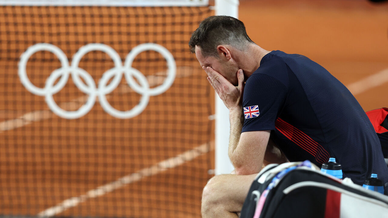 PARIS, FRANCE - JULY 30: Andy Murray of Team Great Britain reacts with partner (not in frame) Dan Evans of Team Great Britain after winning match point against Sander Gille of Team Belgium and Joran Vliegen of Team Belgium during the Men's Doubles second round match on day four of the Olympic Games Paris 2024 at Roland Garros on July 30, 2024 in Paris, France.