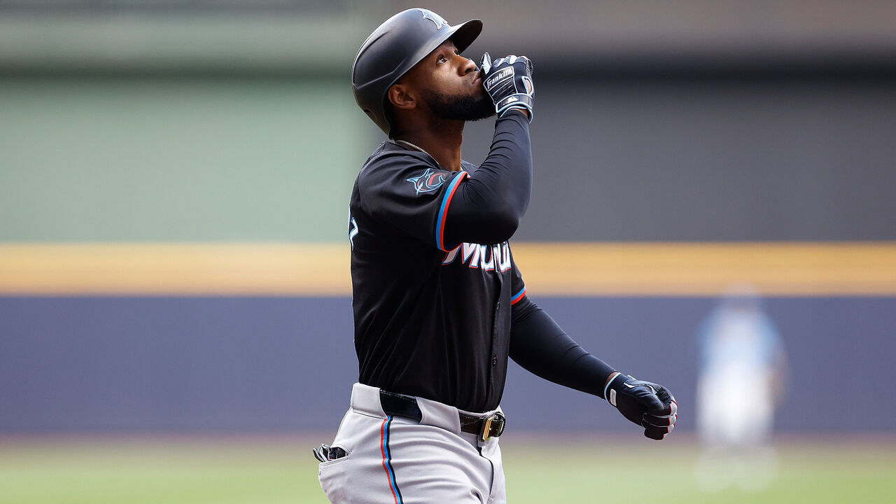 MILWAUKEE, WISCONSIN - JULY 26: Bryan De La Cruz #14 of the Miami Marlins reacts after hitting a home run against the Milwaukee Brewers at American Family Field on July 26, 2024 in Milwaukee, Wisconsin.