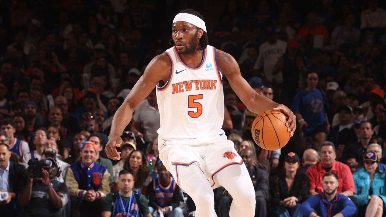NEW YORK, NY - MAY 19: Precious Achiuwa #5 of the New York Knicks dribbles the ball during the game against the Indiana Pacers during Round 2 Game 7 of the 2024 NBA Playoffs on May 19, 2024 at Madison Square Garden in New York City, New York. Mandatory Copyright Notice: Copyright 2024 NBAE