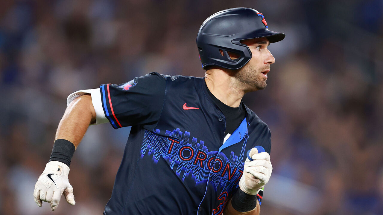 TORONTO, ON - JULY 19: Kevin Kiermaier #39 of the Toronto Blue Jays runs to first base after hitting a single in the eighth inning during a game against the Detroit Tigers at Rogers Centre on July 19, 2024 in Toronto, Ontario, Canada.