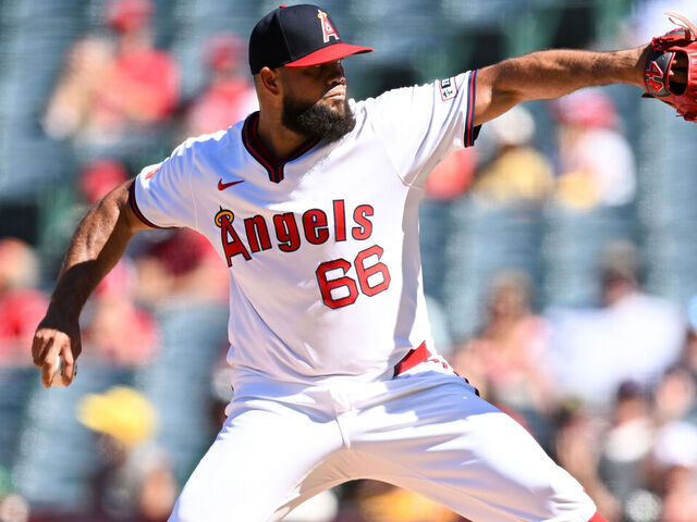 ANAHEIM, CALIFORNIA - JULY 28: Luis García #66 of Los Angeles Angels pitches in the top of the ninth inning during the regular season game against the Oakland Athletics at Angel Stadium of Anaheim on July 28, 2024 in Anaheim, California.