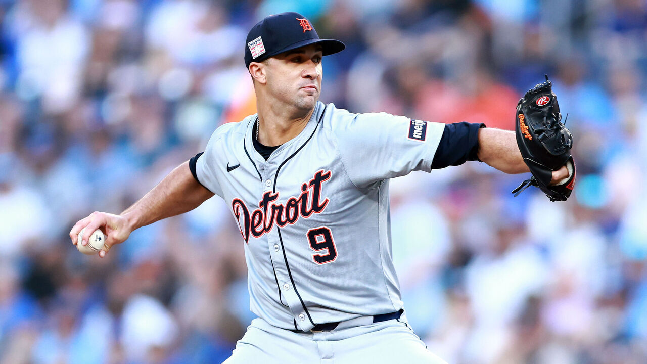 TORONTO, ON - JULY 19: Jack Flaherty #9 of the Detroit Tigers delivers a pitch during a game against the Toronto Blue Jays at Rogers Centre on July 19, 2024 in Toronto, Ontario, Canada.