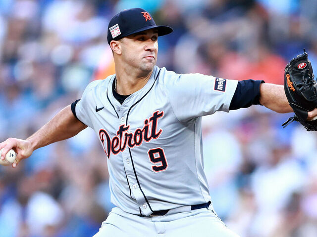 TORONTO, ON - JULY 19: Jack Flaherty #9 of the Detroit Tigers delivers a pitch during a game against the Toronto Blue Jays at Rogers Centre on July 19, 2024 in Toronto, Ontario, Canada.