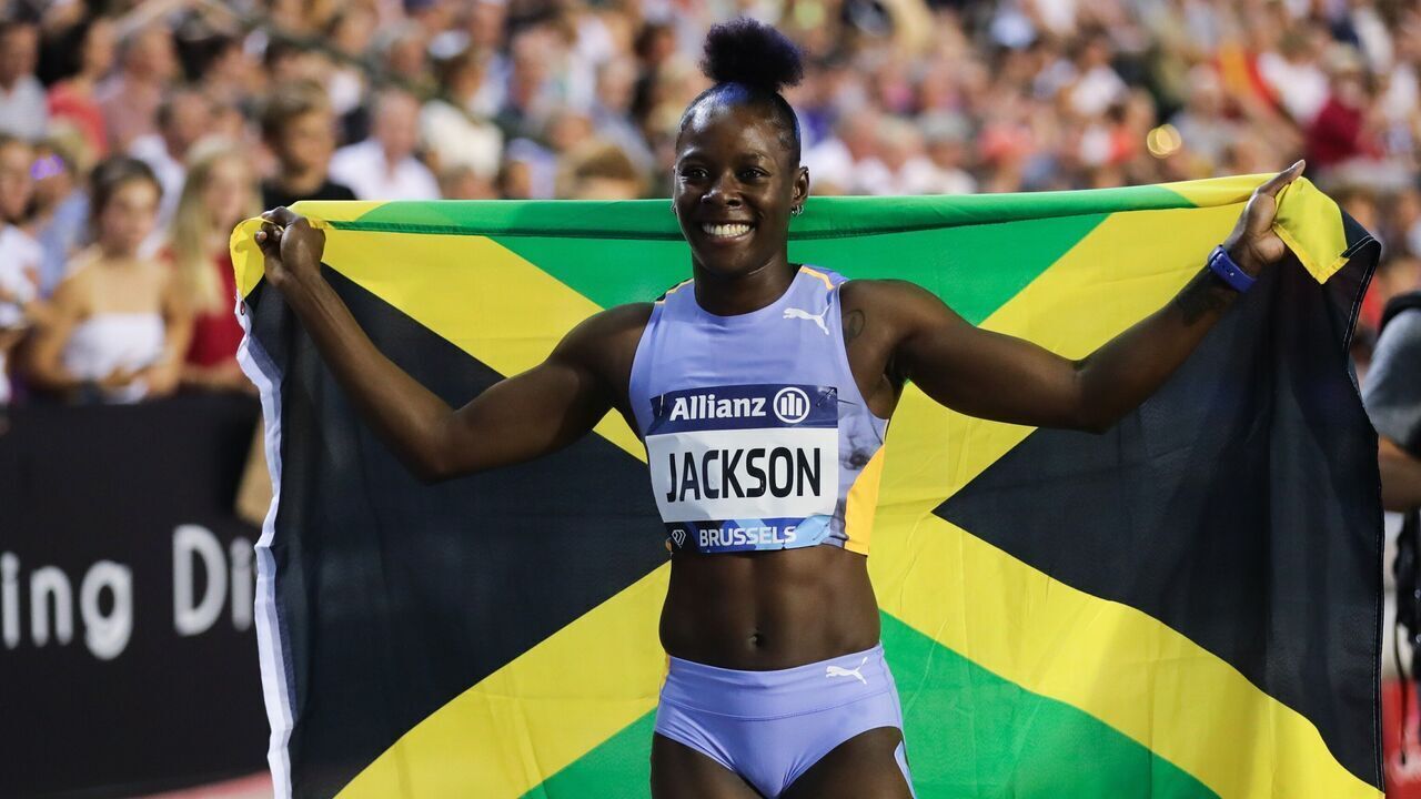 Shericka Jackson of Jamaica reacts after the women's 200m final at the 2023 Diamond League athletics meeting in Brussels, Belgium, Sept. 8, 2023.