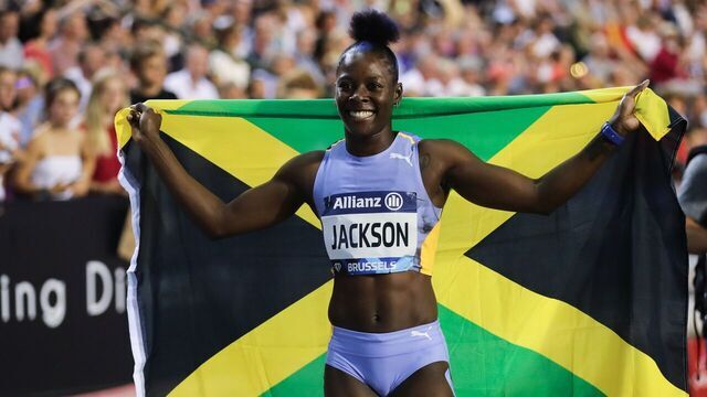 Shericka Jackson of Jamaica reacts after the women's 200m final at the 2023 Diamond League athletics meeting in Brussels, Belgium, Sept. 8, 2023.