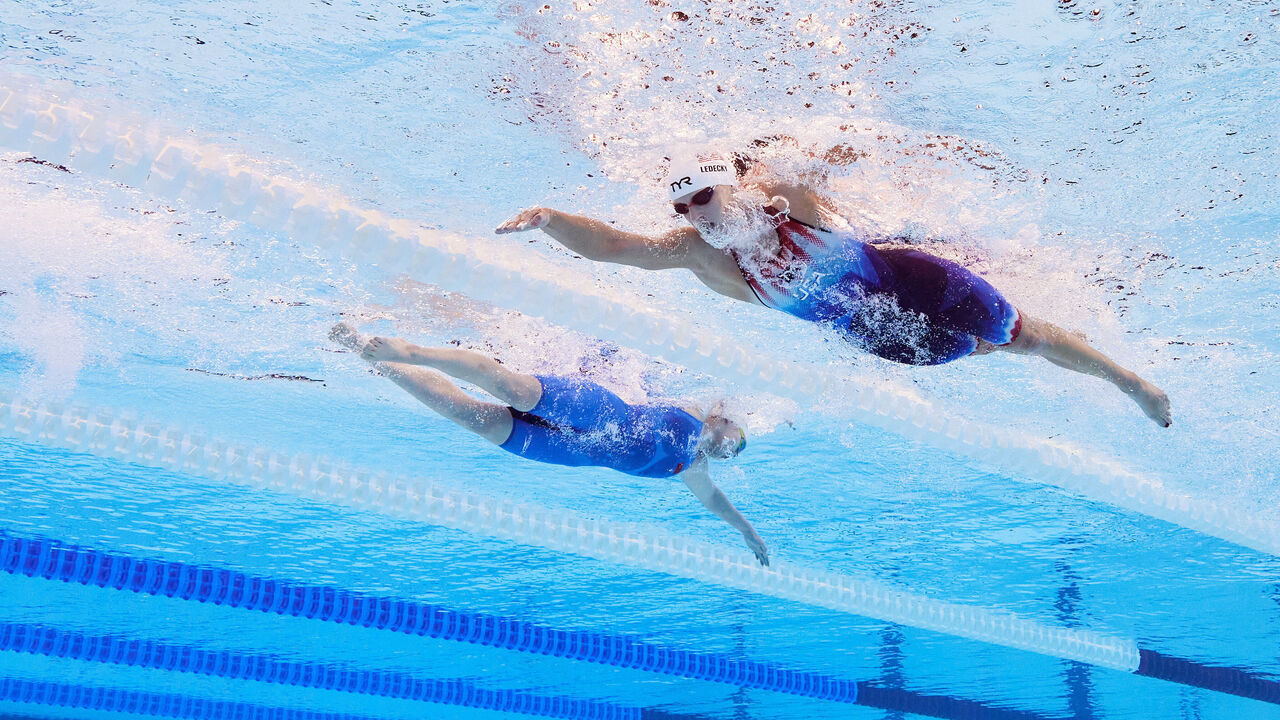 NANTERRE, FRANCE - JULY 30: (EDITORS NOTE: Image was captured using an underwater robotic camera.) Katie Ledecky of Team United States competes in the Women’s 1500m Freestyle Heats on day four of the Olympic Games Paris 2024 at Paris La Defense Arena on July 30, 2024 in Nanterre, France.