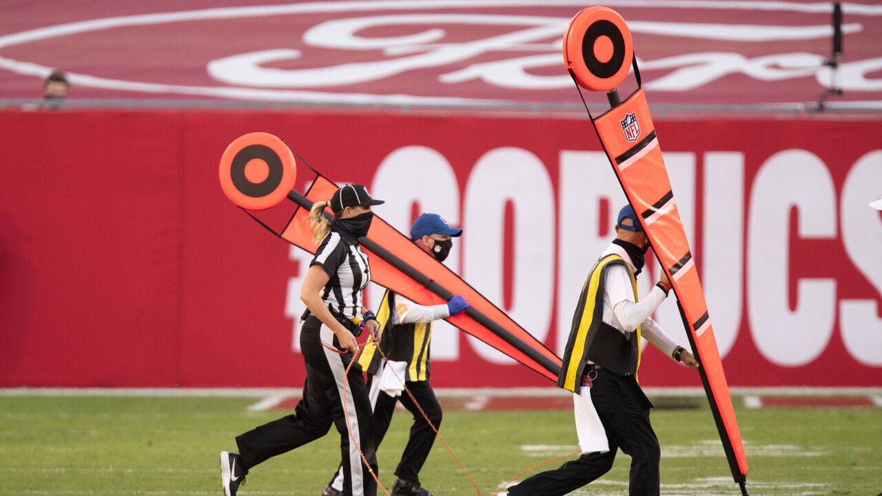 TAMPA, FL - NOVEMBER 29: Down judge Sarah Thomas #53 walks with the chain gang during an NFL football game between the Tampa Bay Buccaneers and the Kansas City Chiefs at Raymond James Stadium on November 29, 2020 in Tampa, Florida.