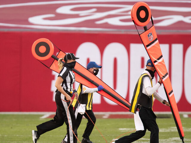 TAMPA, FL - NOVEMBER 29: Down judge Sarah Thomas #53 walks with the chain gang during an NFL football game between the Tampa Bay Buccaneers and the Kansas City Chiefs at Raymond James Stadium on November 29, 2020 in Tampa, Florida.