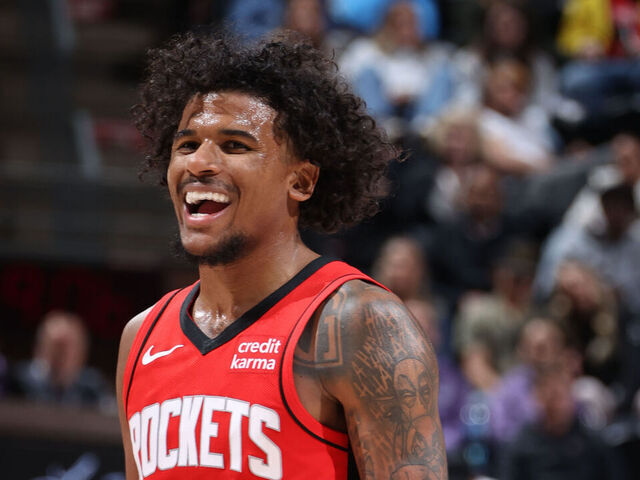 SALT LAKE CITY, UT - MARCH 29: Jalen Green #4 of the Houston Rockets celebrates during the game against the Utah Jazz on March 29, 2024 at Delta Center in Salt Lake City, Utah. Mandatory Copyright Notice: Copyright 2024 NBAE