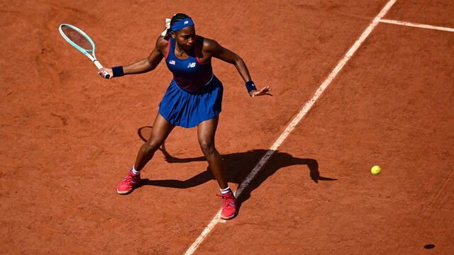 PARIS, FRANCE - JULY 30: Coco Gauff of the United States in action against Donna Vekic of Croatia during the Women's Singles third round match on day four of the Olympic Games Paris 2024 at Roland Garros on July 30, 2024 in Paris, France.