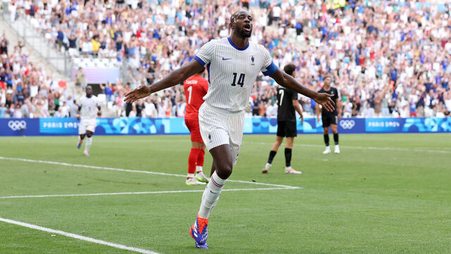 MARSEILLE, FRANCE - JULY 30: Jean-Philippe Mateta #14 of Team France celebrates scoring his team's first goal during the Men's group A match between New Zealand and France during the Olympic Games Paris 2024 at Stade de Marseille on July 30, 2024 in Marseille, France.