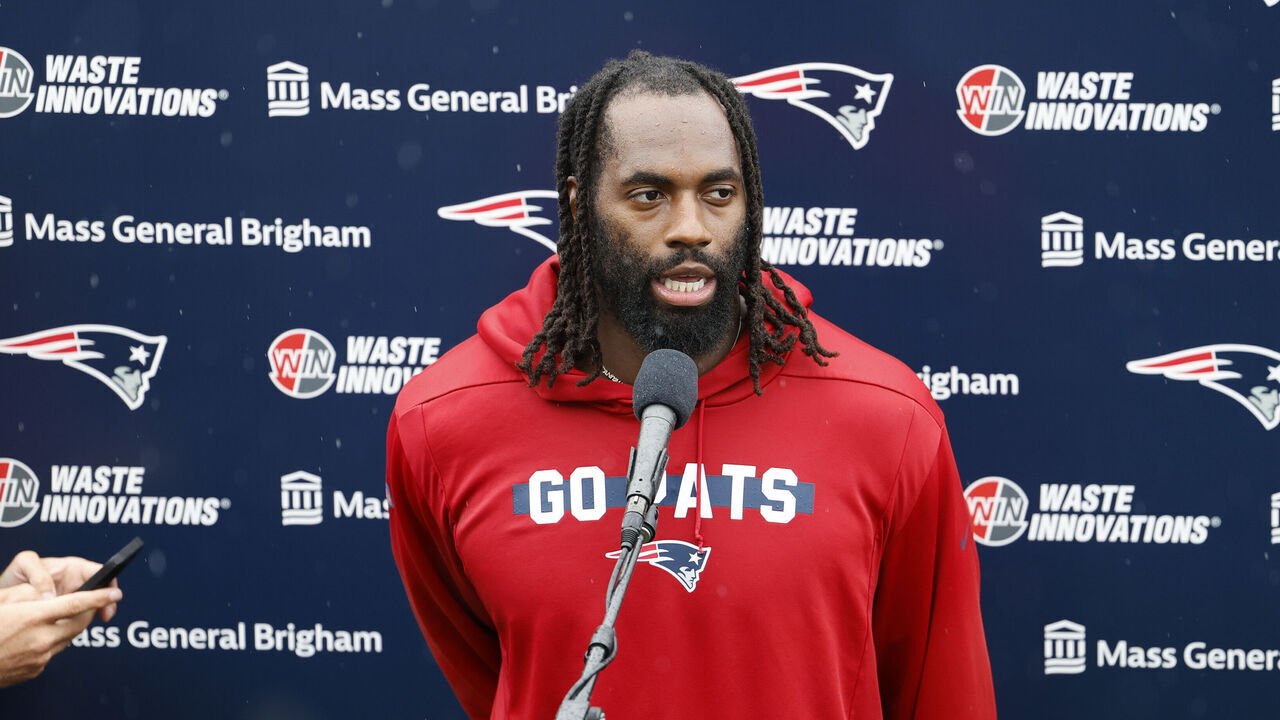 FOXBOROUGH, MA - JULY 24: New England Patriots outside linebacker Matthew Judon (9) is interviewed during New England Patriots Training Camp on July 24, 2024, at Gillette Stadium in Foxborough, Massachusetts.