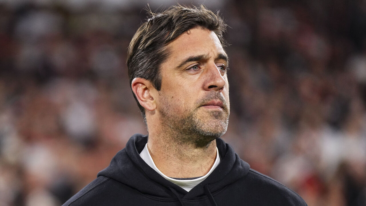 CLEVELAND, OH - DECEMBER 28: Aaron Rodgers #8 of the New York Jets looks on on from the sideline prior to an NFL football game against the Cleveland Browns at Cleveland Browns Stadium on December 28, 2023 in Cleveland, Ohio.