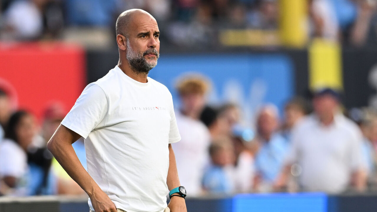 NEW YORK, NEW YORK - JULY 27: Pep Guardiola of Manchester City looks on during a game between Manchester City and AC Milan at Yankee Stadium on July 27, 2024 in New York City.