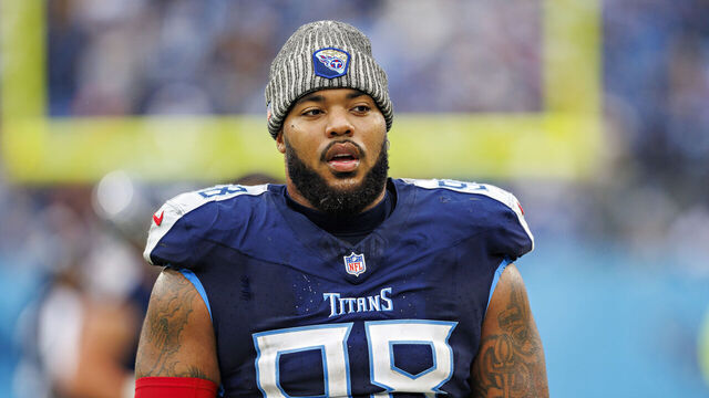 NASHVILLE, TENNESSEE - NOVEMBER 26: Jeffery Simmons #98 of the Tennessee Titans on the sidelines during the game against the Carolina Panthers at Nissan Stadium on November 26, 2023 in Nashville, Tennessee. The Titans defeated the Panthers 17-10.
