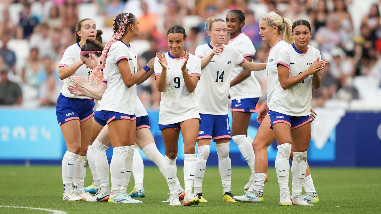 MARSEILLE, FRANCE - JULY 31: United States players celebrate after VAR confirmed a goal by Trinity Rodman #5 during the first half against Australia during the Women's group B match during the Olympic Games Paris 2024 at Stade de Marseille on July 31, 2024 in Marseille, France.