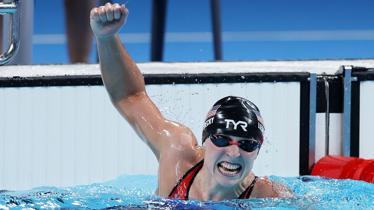 NANTERRE, FRANCE - JULY 31: Katie Ledecky of Team United States celebrates after winning gold in the Women's 1500m Freestyle Final on day five of the Olympic Games Paris 2024 at Paris La Defense Arena on July 31, 2024 in Nanterre, France.