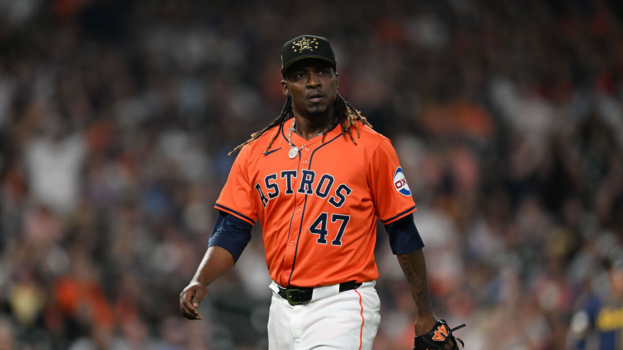 HOUSTON, TEXAS - MAY 17: Rafael Montero #47 of the Houston Astros walks to the dugout against the Milwaukee Brewers at Minute Maid Park on May 17, 2024 in Houston, Texas.
