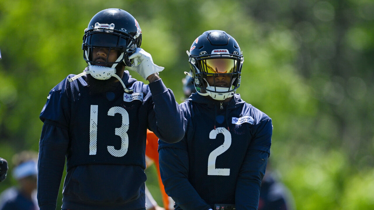 LAKE FOREST, ILLINOIS - JUNE 06: Rome Odunze #15, Keenan Allen #13, and DJ Moore #2 of the Chicago Bears practice during the Chicago Bears mandatory minicamp at Halas Hall on June 06, 2024 in Lake Forest, Illinois.