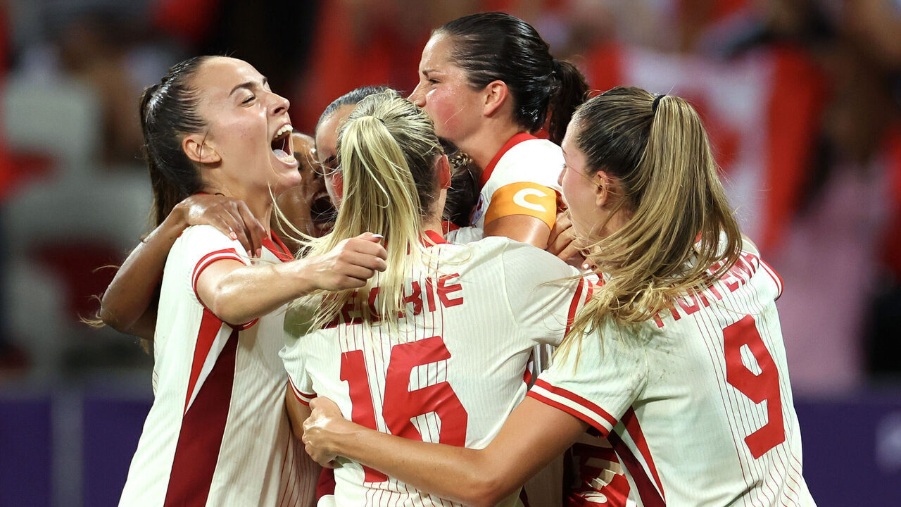 NICE, FRANCE - JULY 31: Vanessa Gilles #14 of Team Canada celebrates scoring her team's first goal during the Women's group A match between Colombia and Canada during the Olympic Games Paris 2024 at Stade de Nice on July 31, 2024 in Nice, France.