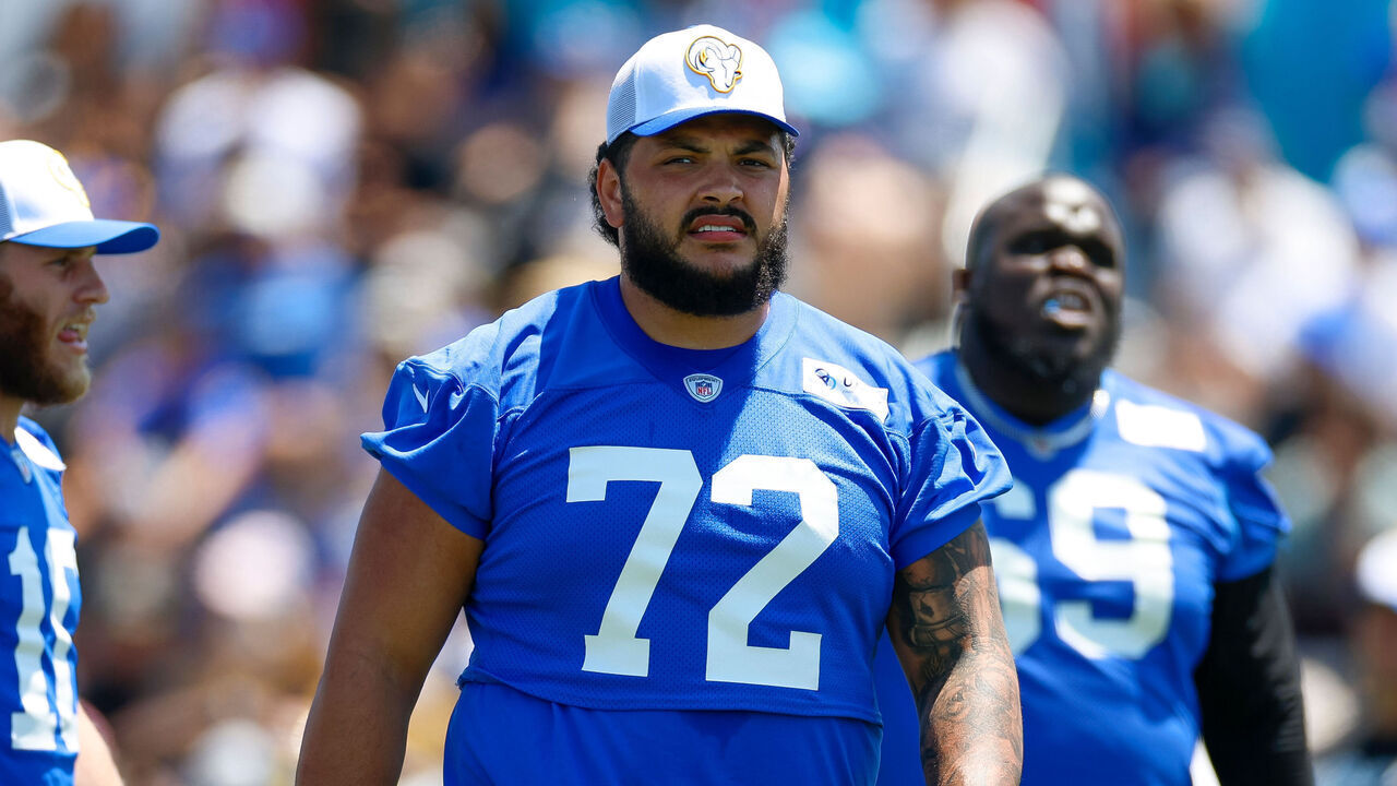 LOS ANGELES, CA - JULY 26: Los Angeles Rams guard Jonah Jackson (72) walks on the field during the team's training camp at Loyola Marymount University on July 26, 2024 in Los Angeles, CA.