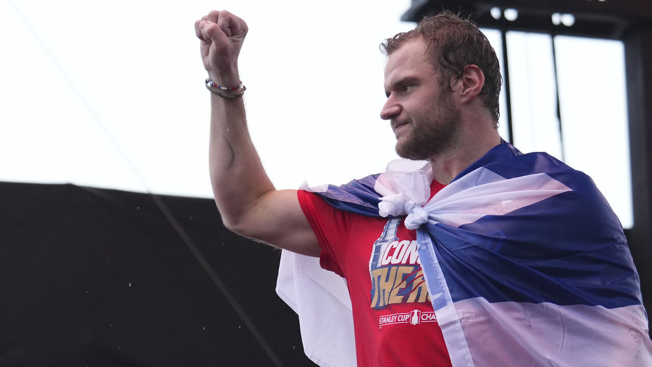 FORT LAUDERDALE, FLORIDA - JUNE 30: Aleksander Barkov #16 of the Florida Panthers gestures to the crowd during the celebration for the Florida Panthers win of the Stanley Cup on June 30, 2024 in Fort Lauderdale, Florida.