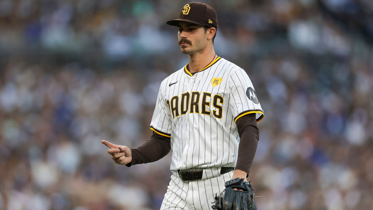 SAN DIEGO, CALIFORNIA - JULY 31: Dylan Cease #84 of the San Diego Padres reacts after the final out of the fifth inning during a game against the Los Angeles Dodgers at Petco Park on July 31, 2024 in San Diego, California.