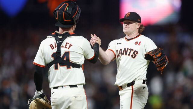 SAN FRANCISCO, CALIFORNIA - JULY 31: Pitcher Logan Webb #62 and catcher Patrick Bailey #14 of the San Francisco Giants celebrate a 1-0 win against the Oakland Athletics at Oracle Park on July 31, 2024 in San Francisco, California.