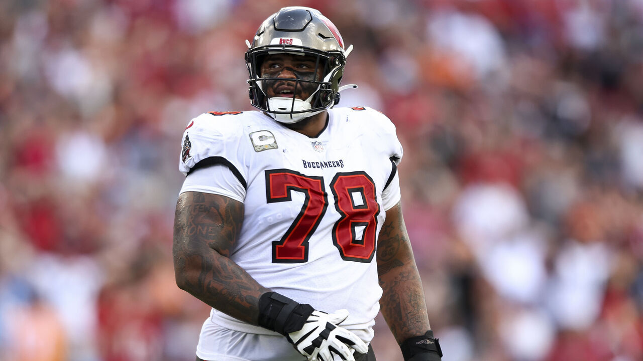 TAMPA, FL - NOVEMBER 12: Tristan Wirfs #78 of the Tampa Bay Buccaneers looks on after a play during an NFL football game against the Tennessee Titans at Raymond James Stadium on November 12, 2023 in Tampa, Florida.