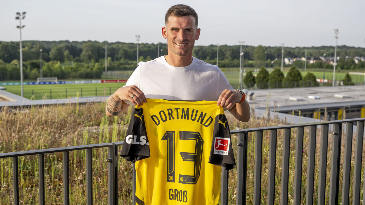 DORTMUND, GERMANY - JULY 31: Pascal Gross of Borussia Dortmund poses after signing a contract with the club on July 31, 2024 in Dortmund, Germany.