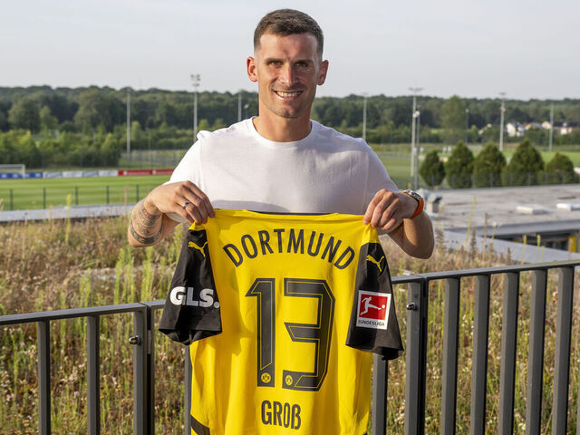 DORTMUND, GERMANY - JULY 31: Pascal Gross of Borussia Dortmund poses after signing a contract with the club on July 31, 2024 in Dortmund, Germany.
