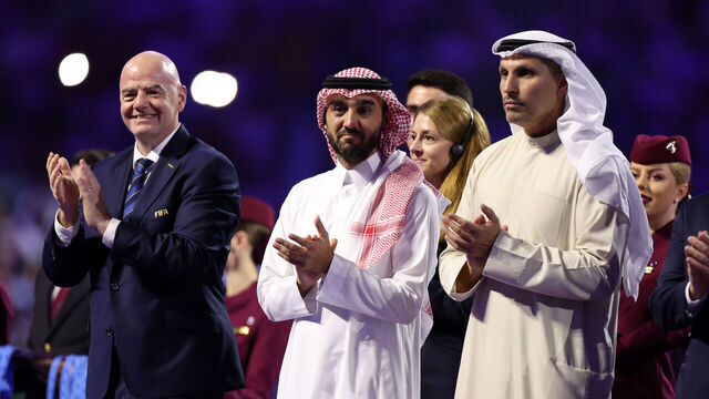 JEDDAH, SAUDI ARABIA - DECEMBER 22: Gianni Infantino, President of FIFA, Prince Abdulaziz bin Turki Al Faisal and Khaldoon Khalifa Al Mubarak, Chairman of Manchester City applaud following the FIFA Club World Cup Saudi Arabia 2023 Final between Manchester City and Fluminense at King Abdullah Sports City on December 22, 2023 in Jeddah, Saudi Arabia.
