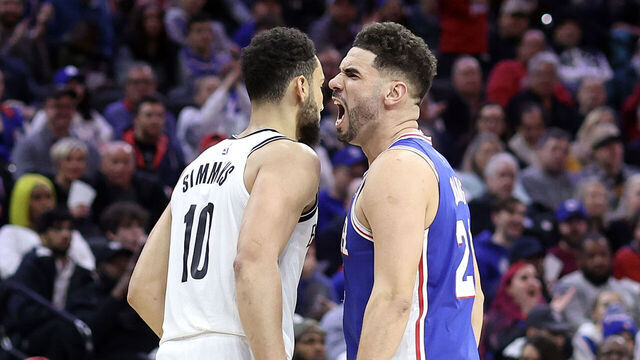 PHILADELPHIA, PENNSYLVANIA - JANUARY 25: Georges Niang #20 of the Philadelphia 76ers reacts by Ben Simmons #10 of the Brooklyn Nets during the fourth quarter at Wells Fargo Center on January 25, 2023 in Philadelphia, Pennsylvania.