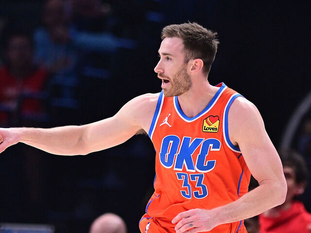OKLAHOMA CITY, OKLAHOMA - MARCH 27: Gordon Hayward #33 of the Oklahoma City Thunder reacts after scoring in the first half against the Houston Rockets at Paycom Center on March 27, 2024 in Oklahoma City, Oklahoma.