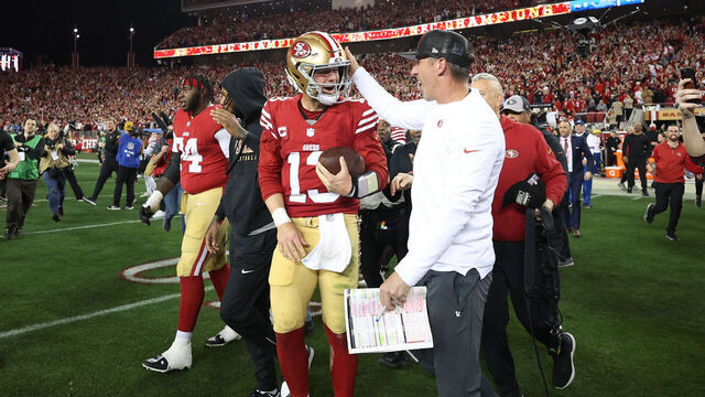 SANTA CLARA, CALIFORNIA - JANUARY 28: Brock Purdy #13 of the San Francisco 49ers celebrates with Head coach Kyle Shanahan after defeating the Detroit Lions 34-31 in the NFC Championship Game at Levi's Stadium on January 28, 2024 in Santa Clara, California.