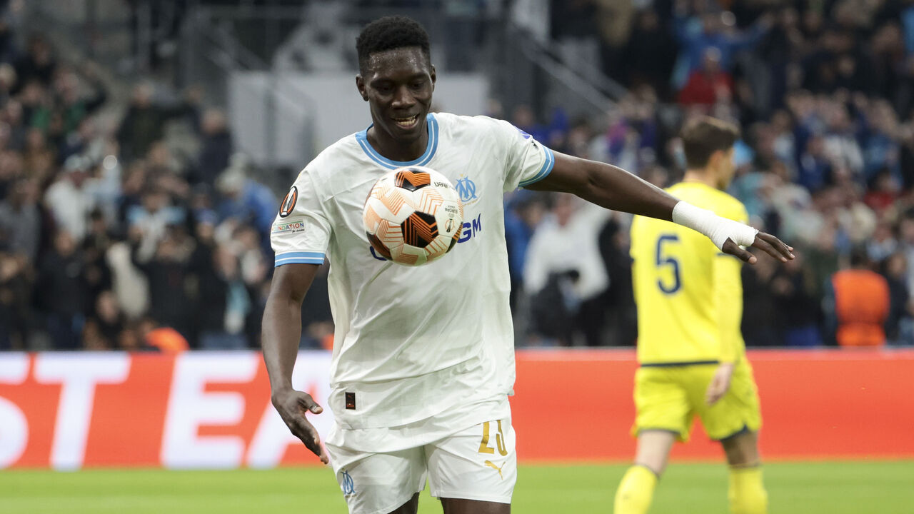 MARSEILLE, FRANCE - MARCH 7: Ismaila Sarr of Marseille celebrates the first goal during the UEFA Europa League 2023/24 round of 16 first leg match between Olympique Marseille (OM) and Villarreal CF at Velodrome on March 7, 2024 in Marseille, France.