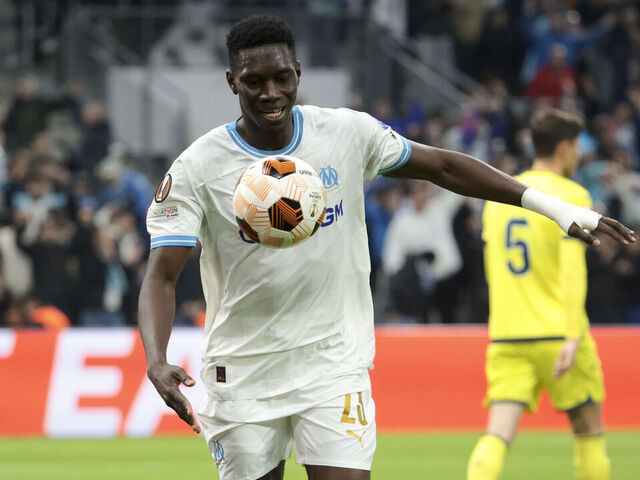 MARSEILLE, FRANCE - MARCH 7: Ismaila Sarr of Marseille celebrates the first goal during the UEFA Europa League 2023/24 round of 16 first leg match between Olympique Marseille (OM) and Villarreal CF at Velodrome on March 7, 2024 in Marseille, France.