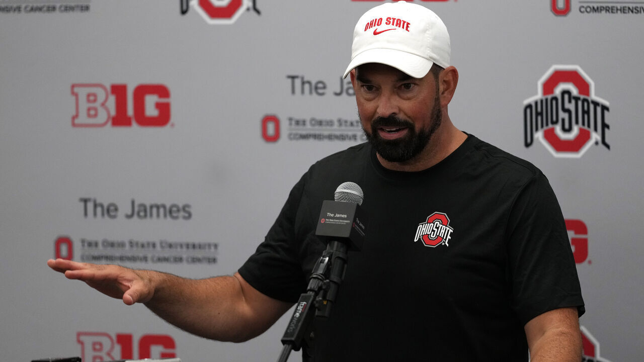 COLUMBUS, OHIO - AUGUST 01: Ryan Day head coach of the Ohio State Buckeyes addresses members of the media after fall camp at the Woody Hayes Athletic Center on August 01, 2024 in Columbus, Ohio.
