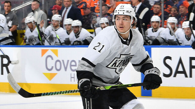 EDMONTON, CANADA - APRIL 22: Jordan Spence #21 of the Los Angeles Kings in action during Game One of the First Round of the 2024 Stanley Cup Playoffs against the Edmonton Oilers at Rogers Place on April 22, 2024, in Edmonton, Alberta, Canada.
