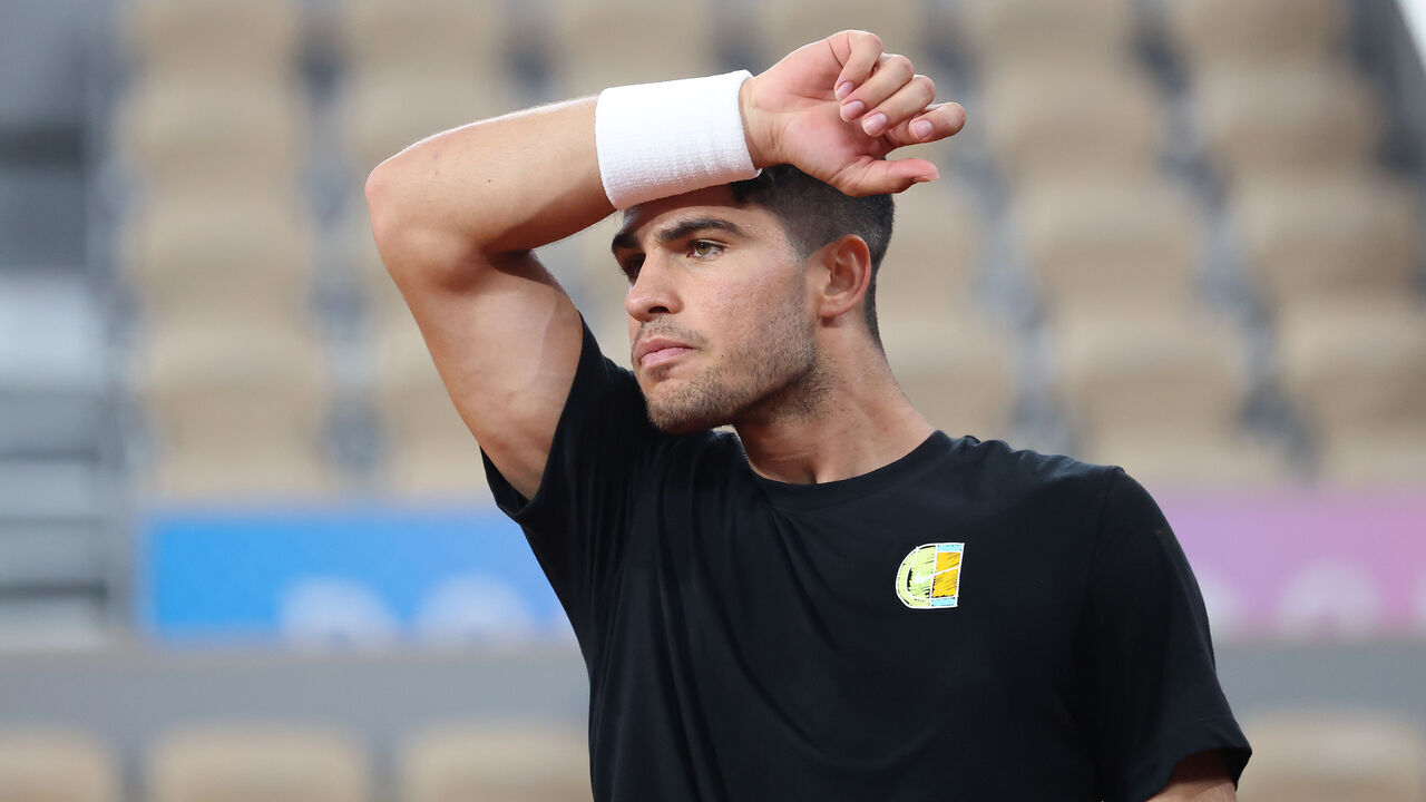 PARIS, FRANCE - JULY 23: Carlos Alcaraz of Team Spain practices during a tennis training session at Roland-Garros ahead of the Paris Olympic Games on July 23, 2024 in Paris, France.