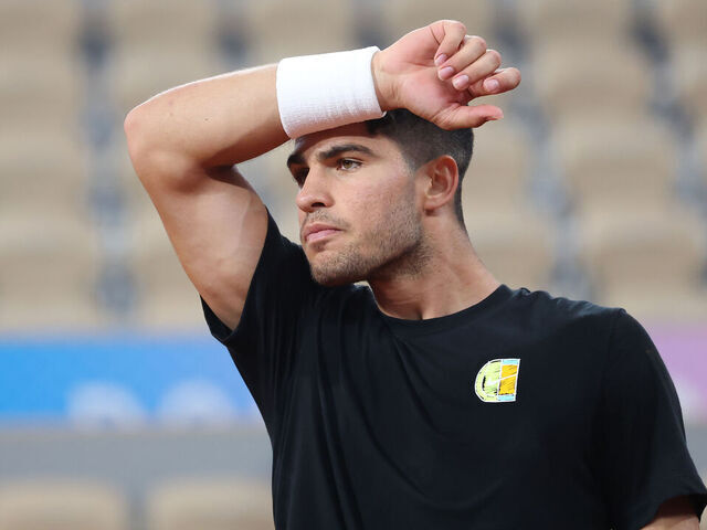 PARIS, FRANCE - JULY 23: Carlos Alcaraz of Team Spain practices during a tennis training session at Roland-Garros ahead of the Paris Olympic Games on July 23, 2024 in Paris, France.