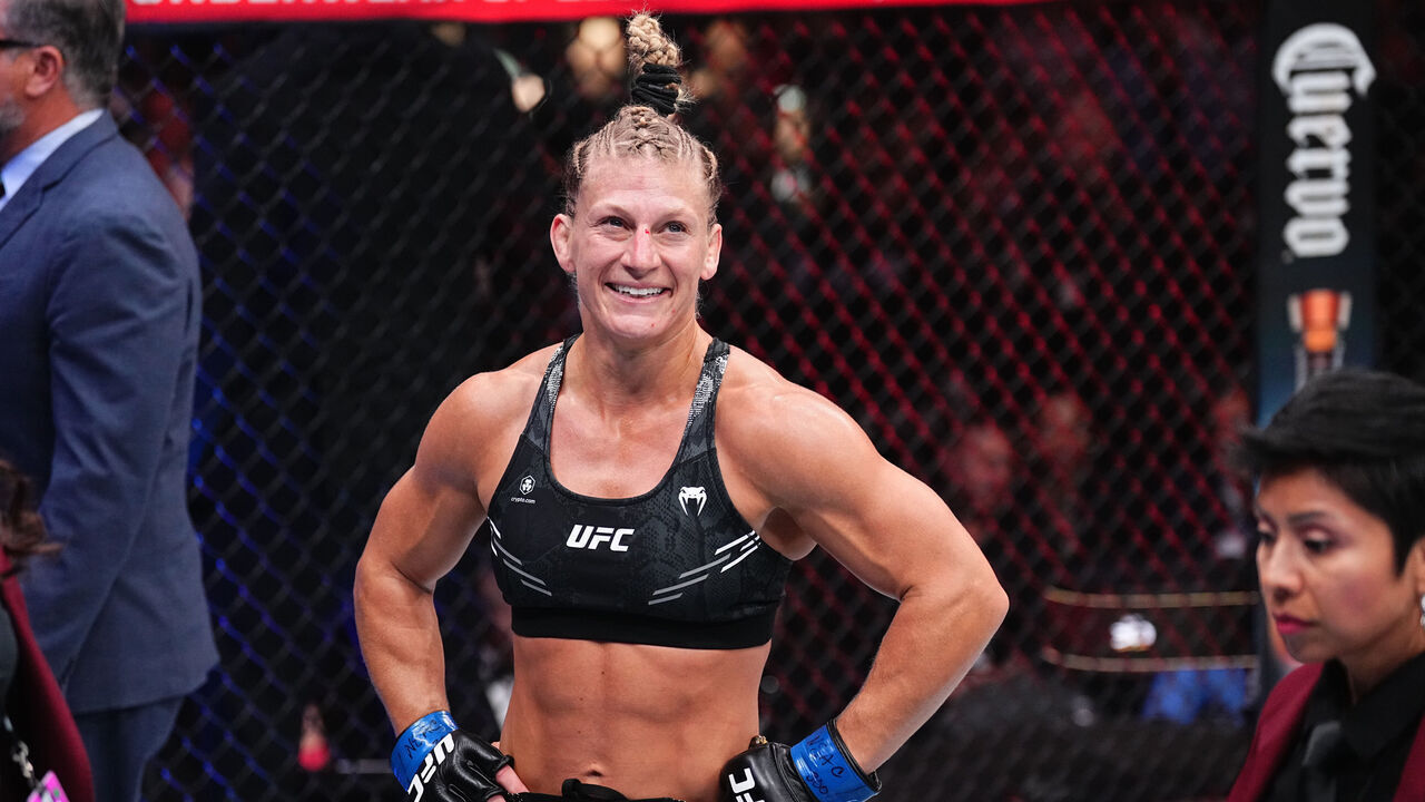 LAS VEGAS, NEVADA - APRIL 13: Kayla Harrison reacts to the end of the round in a bantamweight fight during the UFC 300 event at T-Mobile Arena on April 13, 2024 in Las Vegas, Nevada.